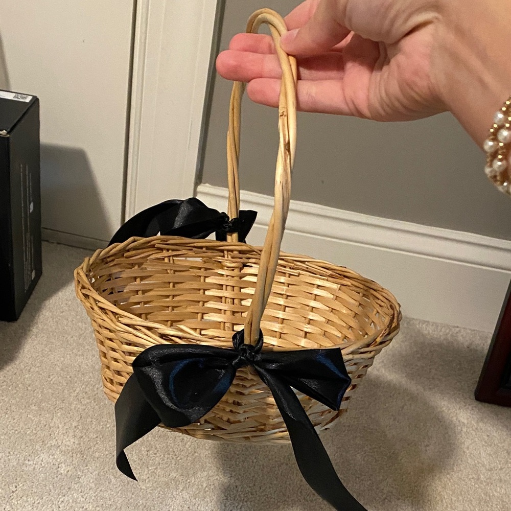 Flower Girl Basket with Black Ribbon